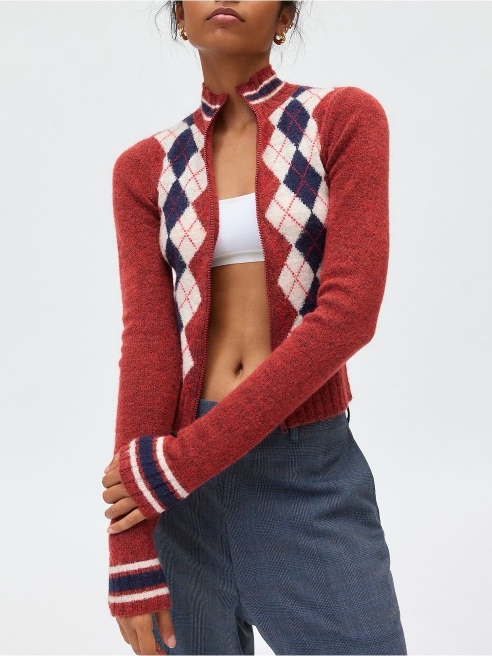 Rust Argyle Zip-Front Women's Sweater